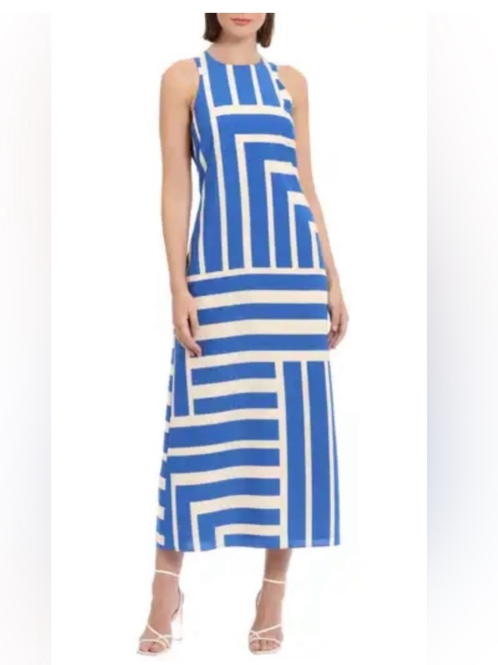 Donna Morgan Blue & White Geometric Sleeveless Silky Midi Dress NWT Size 12